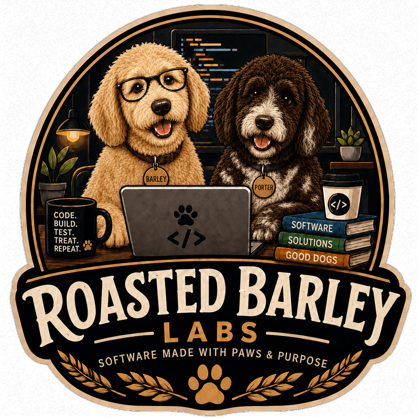 Roasted Barley Labs — Barley and Porter at the laptop